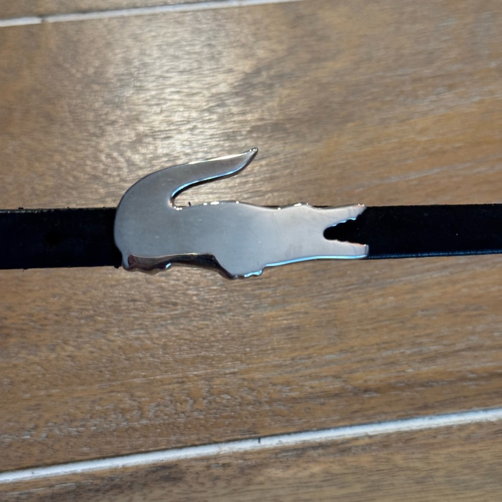 LACOSTE-STYLE | Skinny Black Brushed Leather Belt with Silver Buckle | Sz S